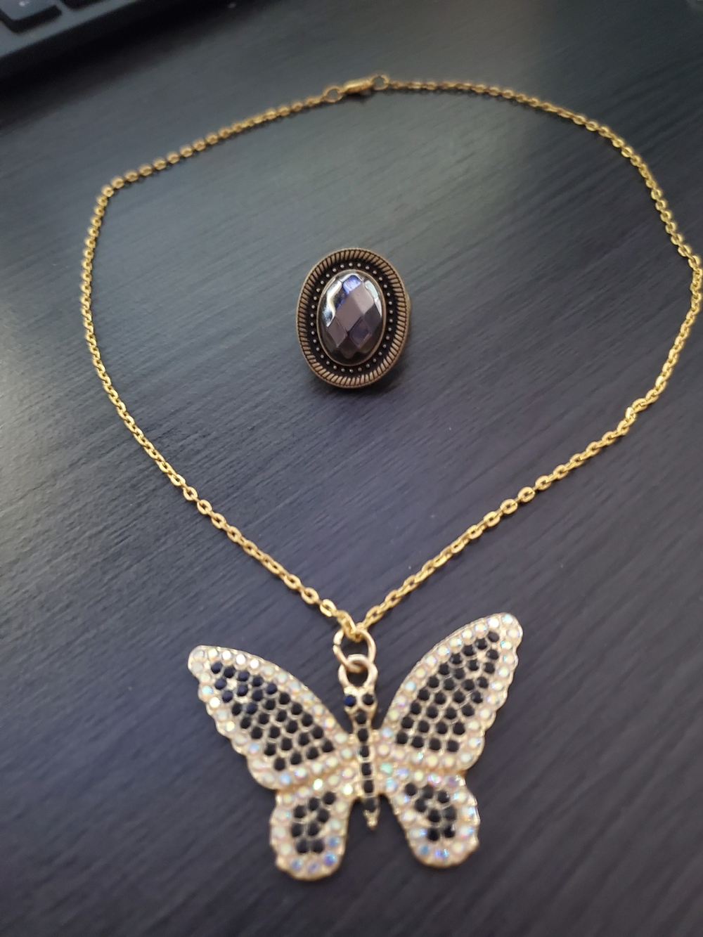 Gold and Brown Butterfly Pendant Necklace with Matching Ring